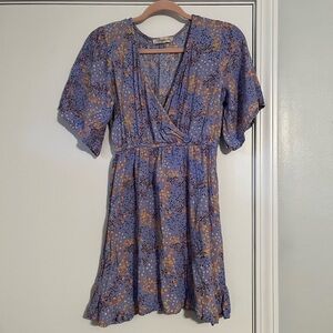 Rewind Blue and Orange Floral Wrap Mini Dress
